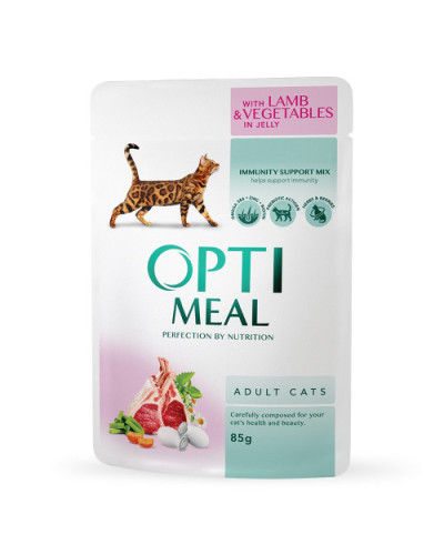 Вологий корм для котів OptiMeal Adult з ягнятком та овочами в желе 85 г
