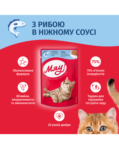 Вологий корм для котів Мяу рибне асорті в соусі 85 г