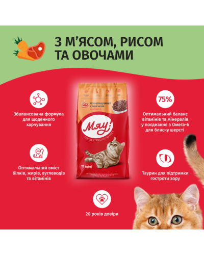 Сухий корм для котів Мяу з м'ясом, рисом та овочами 11 кг