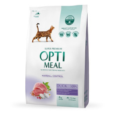 Сухий корм для котів OptiMeal Adult Hairball Control для виведення вовни з качкою 4 кг