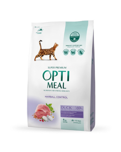 Сухой корм для котов OptiMeal Adult Hairball Control для выведения шерсти с уткой 4 кг