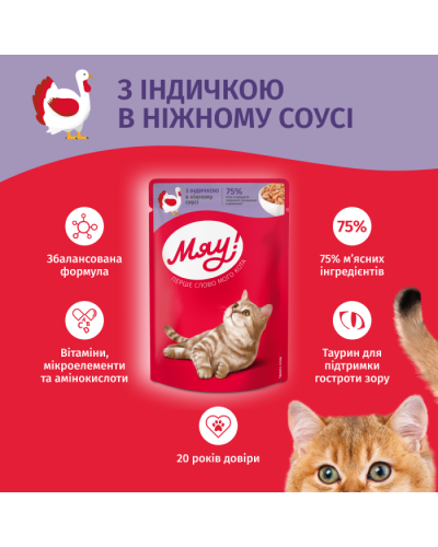 Вологий корм для котів Мяу індичка у ніжному соусі 85 г