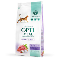 Сухий корм для котів OptiMeal Adult Hairball Control для виведення вовни з качкою 10 кг