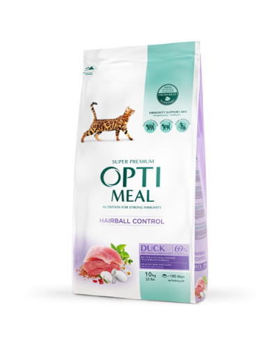Сухой корм для котов OptiMeal Adult Hairball Control для выведения шерсти с уткой 10 кг