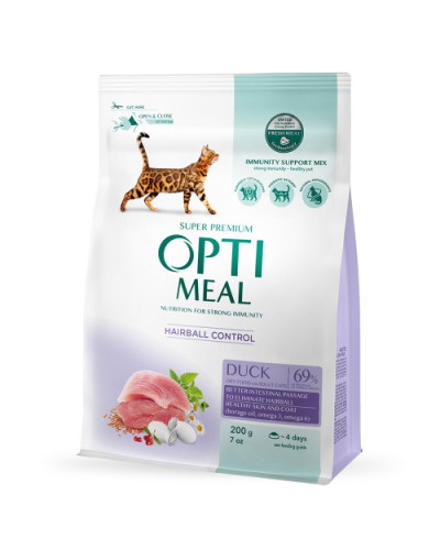 Сухой корм для котов OptiMeal Adult Hairball Control для выведения шерсти с уткой 200 г