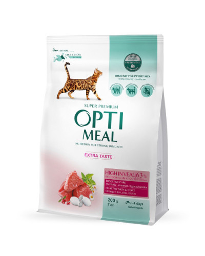 Сухий корм для котів OptiMeal Extra Taste з високим вмістом телятини 200 г