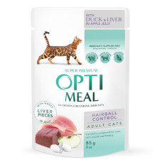 Вологий корм для котів OptiMeal Adult Hairball Control з качкою та шматочками печінки в яблучному желі 85 г