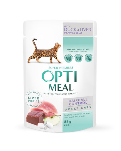 Вологий корм для котів OptiMeal Adult Hairball Control з качкою та шматочками печінки в яблучному желі 85 г