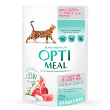 Вологий корм для котів OptiMeal Adult Sensetive Digestion з ягнятком та індичим філе в соусі 85 г