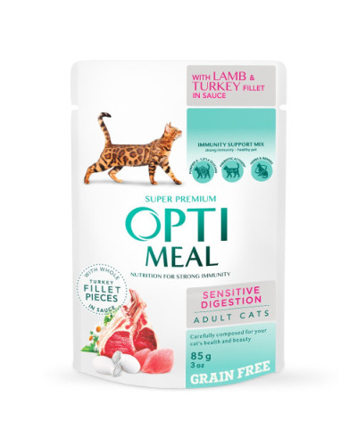 Вологий корм для котів OptiMeal Adult Sensetive Digestion з ягнятком та індичим філе в соусі 85 г