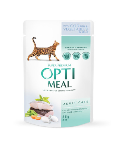 Вологий корм для котів OptiMeal Adult з тріскою та овочами в желе 85 г