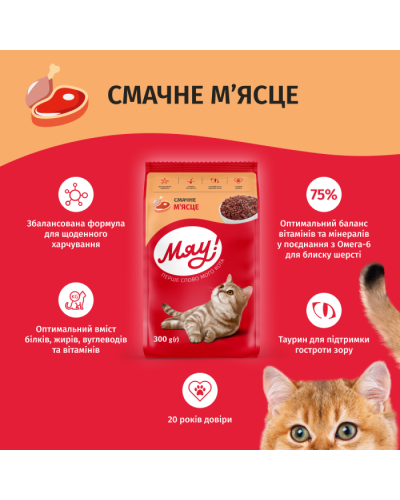 Сухий корм для котів М'яу зі смаком м'яса 300 г