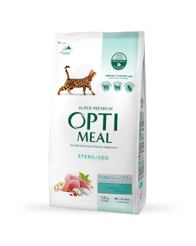 Сухий корм для стерилізованих котів OptiMeal Sterilised з індичкою та вівсом 1.5 кг