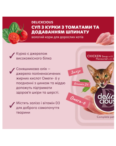 Суп для котів Delickcious з м'ясом курки, томатами та шпинатом 80 г