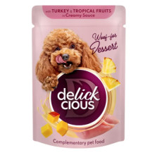Влажный корм для собак Delickcious с индейкой и тропическими фруктами в сливочном соусе 80 г