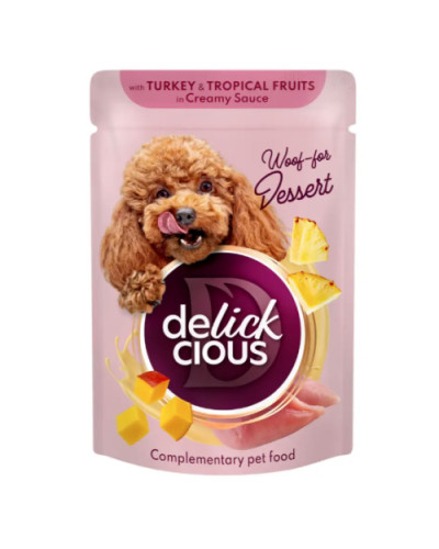Влажный корм для собак Delickcious с индейкой и тропическими фруктами в сливочном соусе 80 г