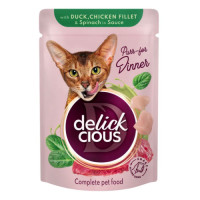 Вологий корм для котів Delickcious шматочки з качкою, куркою та шпинатом соусі 85 г
