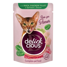Вологий корм для котів Delickcious шматочки з качкою, куркою та шпинатом соусі 85 г