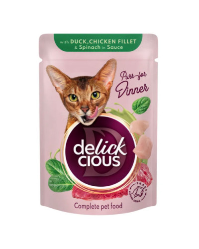 Вологий корм для котів Delickcious шматочки з качкою, куркою та шпинатом соусі 85 г