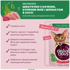 Вологий корм для котів Delickcious шматочки з качкою, куркою та шпинатом соусі 85 г
