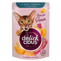 Вологий корм для котів Delickcious шматочки з качкою та гарбузом у крем-супі 85 г