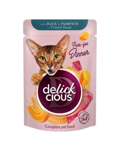 Вологий корм для котів Delickcious шматочки з качкою та гарбузом у крем-супі 85 г