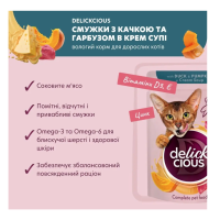 Вологий корм для котів Delickcious шматочки з качкою та гарбузом у крем-супі 85 г