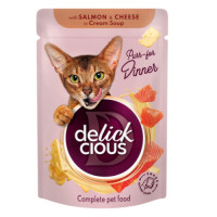 Вологий корм для котів Delickcious смужки з лососем та сиром у крем-супі 85 г