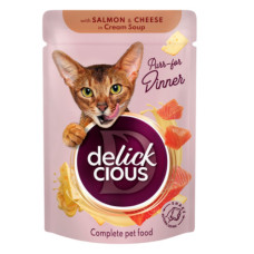 Вологий корм для котів Delickcious смужки з лососем та сиром у крем-супі 85 г