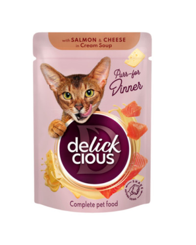 Вологий корм для котів Delickcious смужки з лососем та сиром у крем-супі 85 г