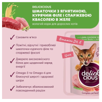 Вологий корм для котів Delickcious шматочки з ягнятком, курячим філе та квасолею в желе 85 г