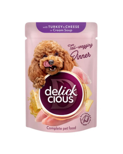 Вологий корм для собак Delickcious з індичкою та сиром у крем-супі 85 г
