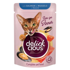 Вологий корм для котів Delickcious Шматочки з лососем та мідіями в соусі 85 г