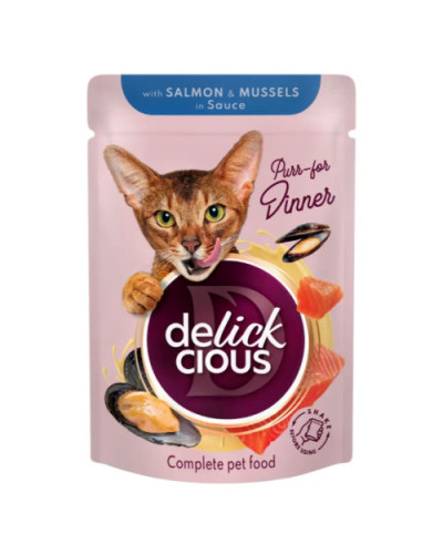 Вологий корм для котів Delickcious Шматочки з лососем та мідіями в соусі 85 г