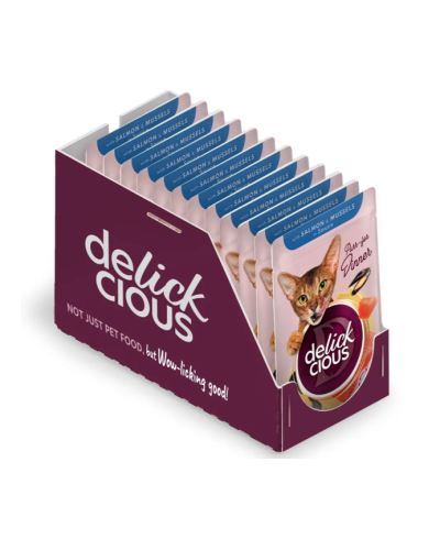 Вологий корм для котів Delickcious Шматочки з лососем та мідіями в соусі 85 г