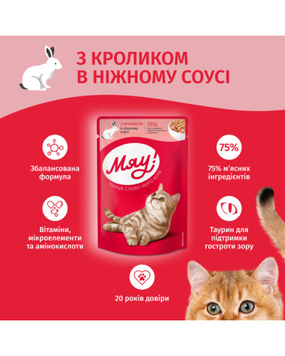 Вологий корм для котів Мяу кролик у соусі 85 г