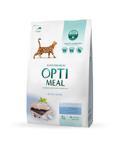 Сухий корм для котів OptiMeal Extra Shine з високим вмістом тріски 4 кг