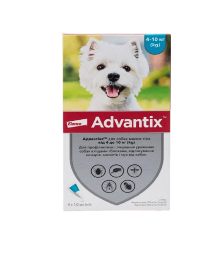 Капли на холку для собак Elanco Bayer Advantix от 4 до 10 кг, 4 шт