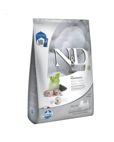 Сухий корм для цуценят з білою шерстю малих порід Farmina N&D Grain Free WHITE ADULT MINI для собак з білою шерстю з сібасом, спіруліною та фенхелем, 5 кг 44990