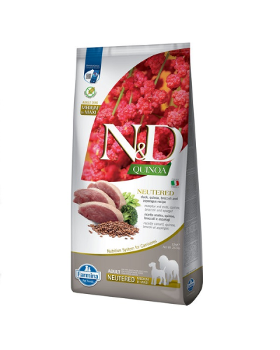 Сухий корм для дорослих собак Farmina  N&D QUINOA NEUTERED для стер.собак середніх та великих порід, качка, кіноа, броколі та спаржа, 12 kg 40176