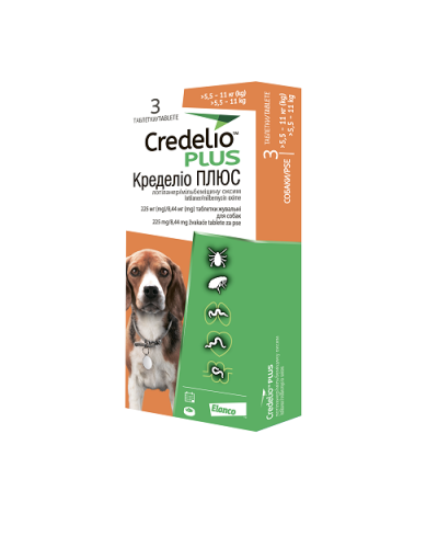 Жувальні таблетки від бліх, кліщів та гельмінтів Credelio Plus (Кределіо Плюс) для собак 5,5 -11кг (225/8,44мг) 3таб.