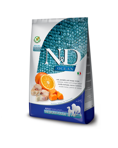Сухой корм для собак Farmina N&D Grain Free OCEAN COD, PUMPKIN & ORANGE ADULT MEDIUM & MAXI с треской и апельсином, 2,5 kg 36551