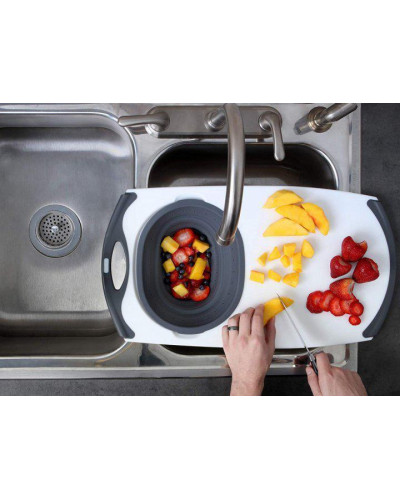 Мультифункциональная доска Dexas Over The Sink Strainer Grippboard Стрейнер 58х32 с дуршлагом серый (42832-60)
