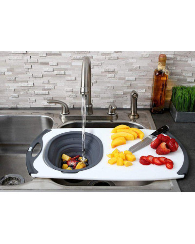 Мультифункциональная доска Dexas Over The Sink Strainer Grippboard Стрейнер 58х32 с дуршлагом серый (42832-60)