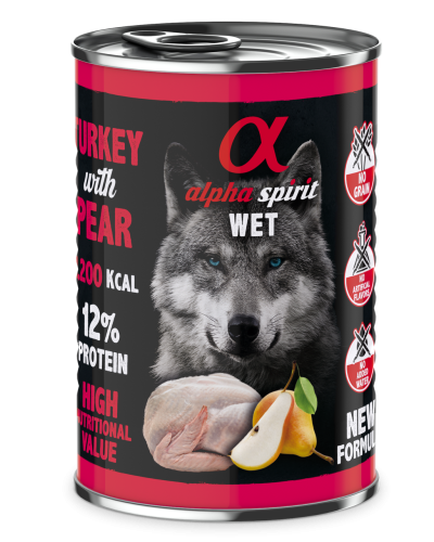 Повнораціонний вологий корм Alpha Spirit Turkey with Pear з індичкою та грушами для дорослих собак 400 г (as576178)