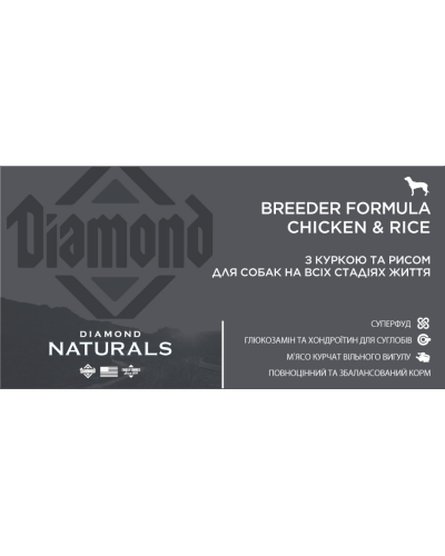 Сухой корм для собак всех пород и стад жизни Diamond Naturals Breeder Ch&Rice Курица&Рис 20 кг (dn10090-HT56)