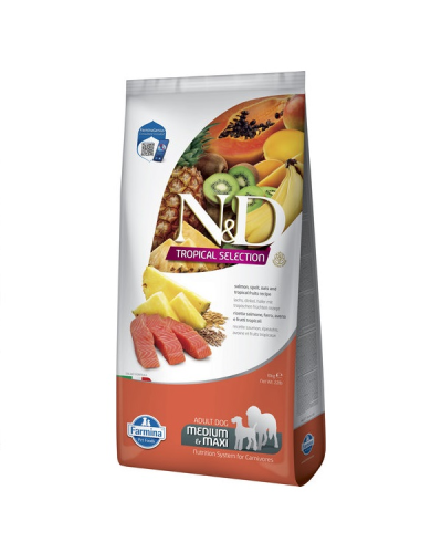 Сухой корм для собак cредних и крупных пород Farmina N&D TROPICAL SELECTION SALMON ADULT MEDIUM & MAXI с лососем и тропическими фруктами, 10 кг, 42385