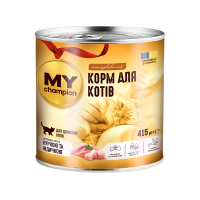 Мой чемпион. Влажный корм для кошек кусочки с Курицей и Индейкой 415г