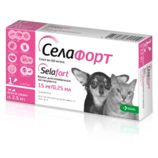 Селафорт Спот-он Краплі від бліх, кліщів та глистів для котів та собак вагою до 2,5 кг, 15 мг/0,25 мл, 1 піпетка