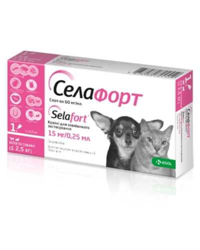 Селафорт Спот-он Краплі від бліх, кліщів та глистів для котів та собак вагою до 2,5 кг, 15 мг/0,25 мл, 1 піпетка